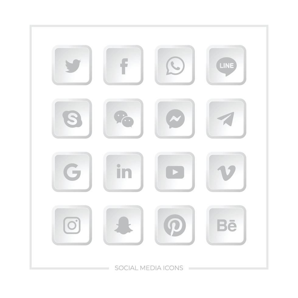 Set of various social media icons with grey color in a square rounded shape with emboss. vector