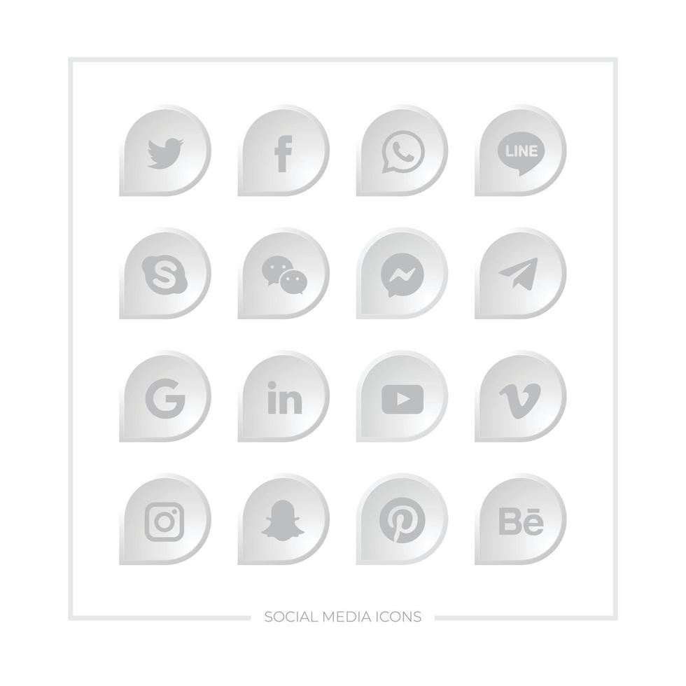 conjunto de varios íconos de redes sociales con color gris en forma de hoja con relieve. vector