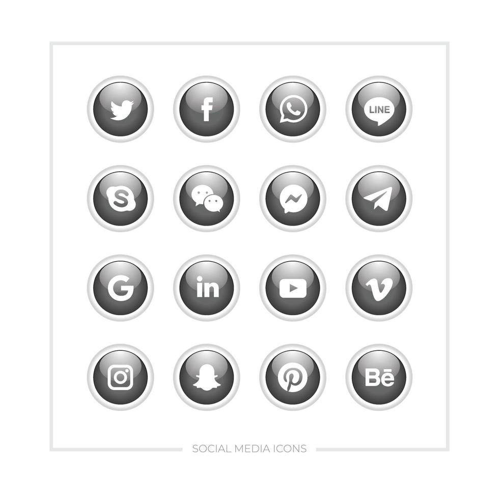 conjunto de varios íconos de medios sociales con color negro en forma de círculo brillante y relieve. vector