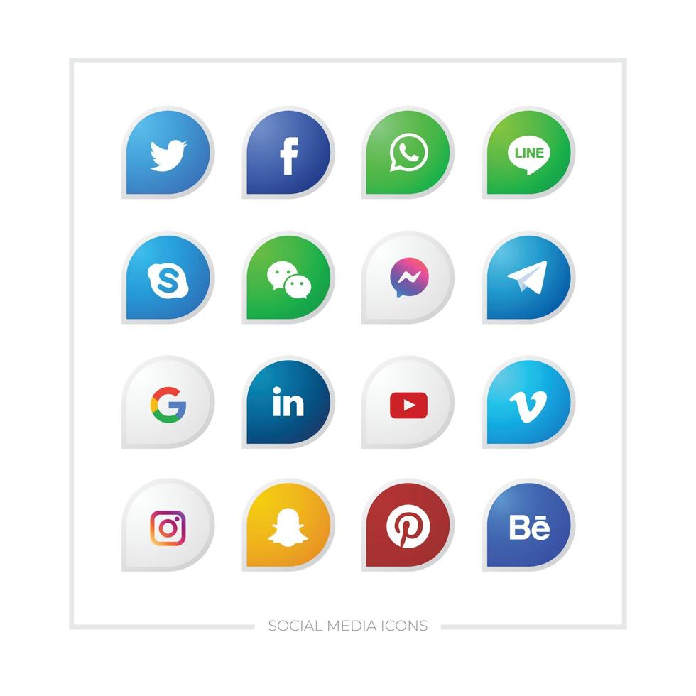 Set of various social media icons with colored in a plain leaf shape. vector