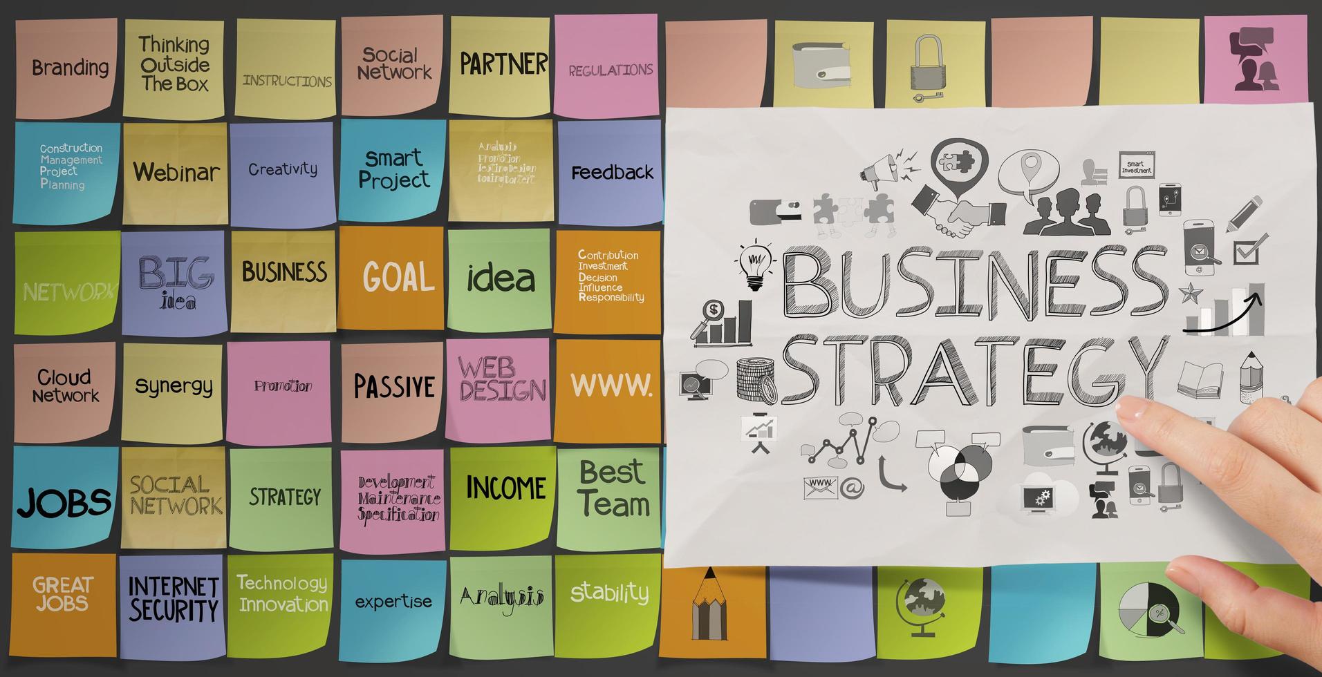 business hand push icons of business strategy on sticky note as concept photo