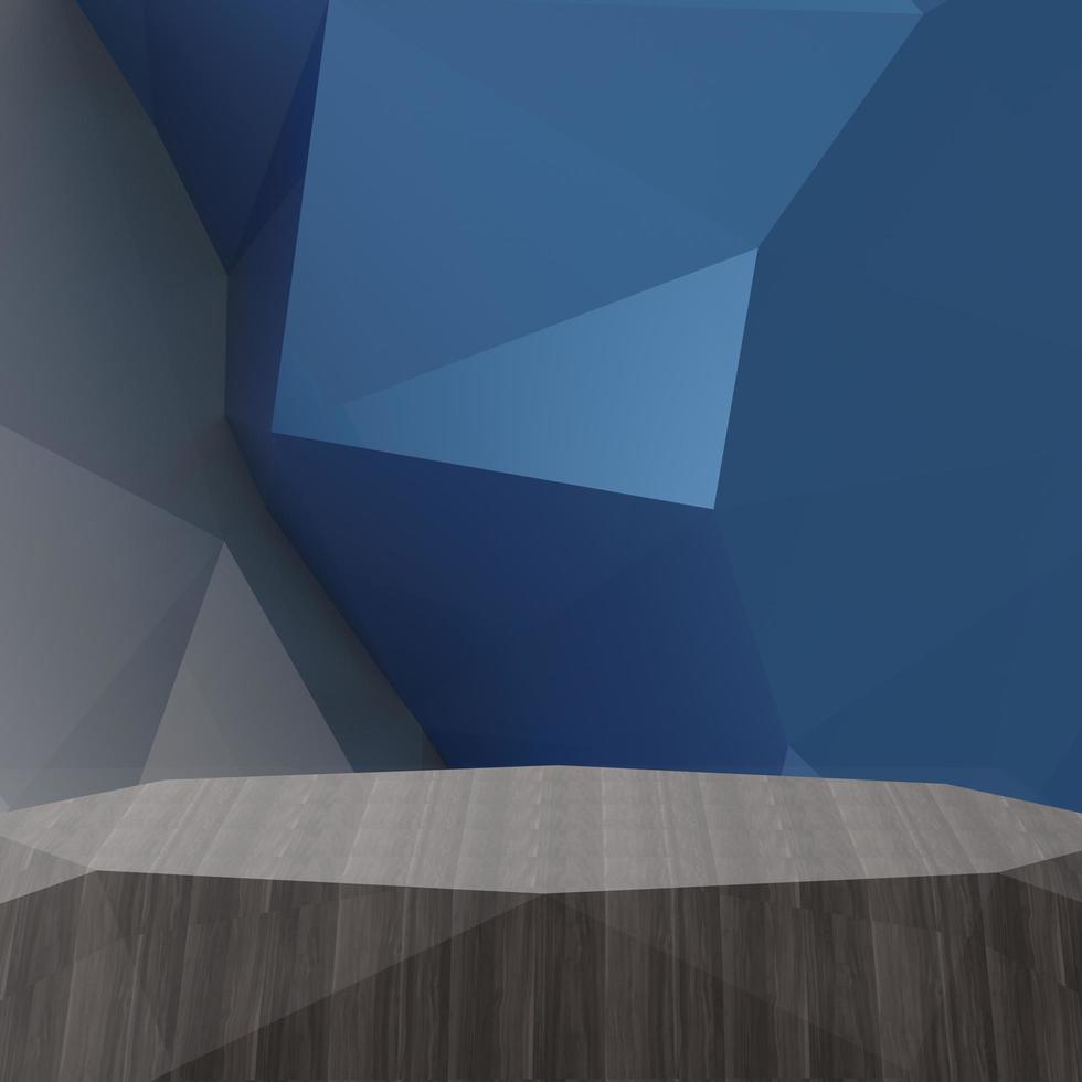 Empty low poly wooden shelf on laminate table and low poly geometric background photo