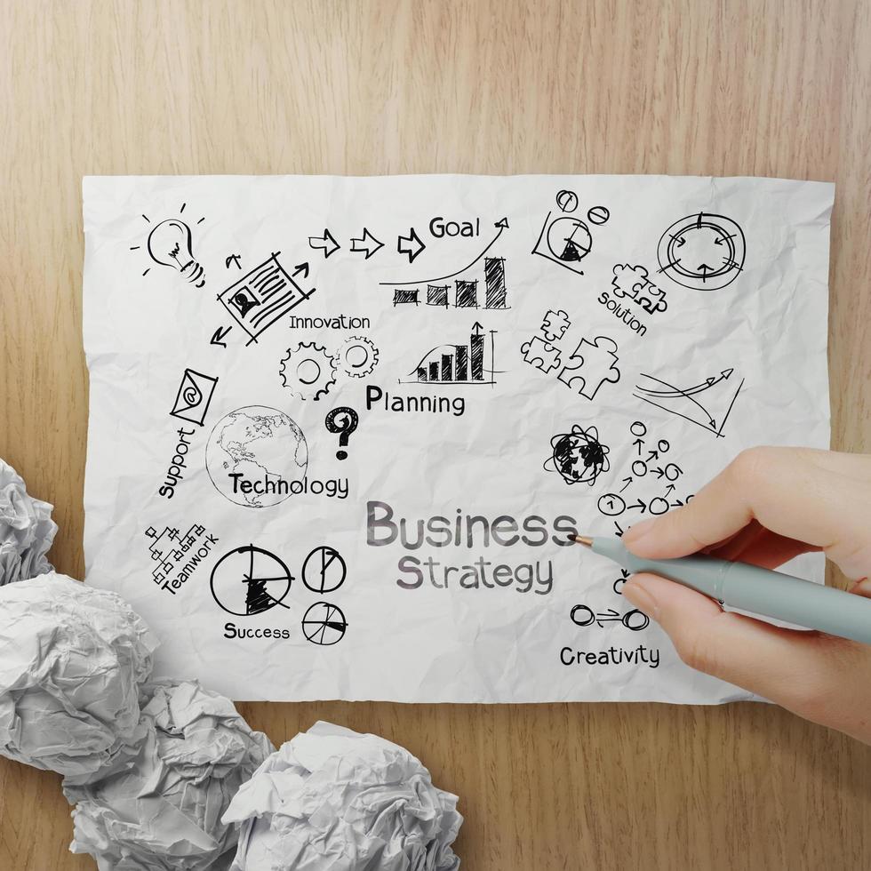 hand drawing creative business strategy on crumpled paper with woden background as concept photo