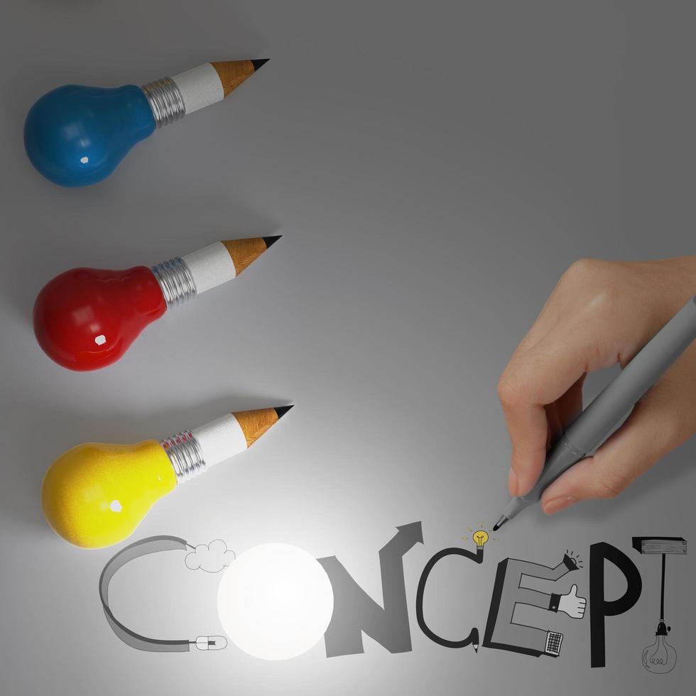pencil lightbulb 3d and design word CONCEPT as concept photo
