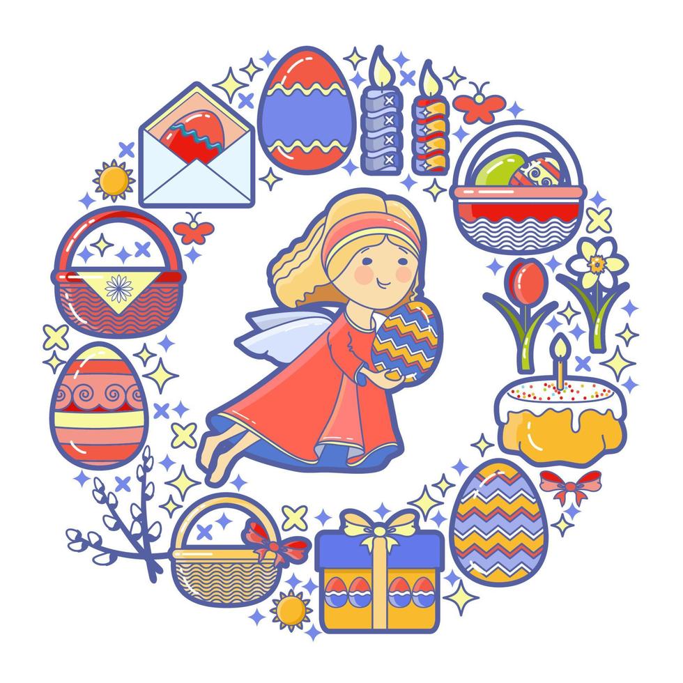 Easter Elements Arranged in Circle. Angel, Gift, Egg, Candle, Flower. vector