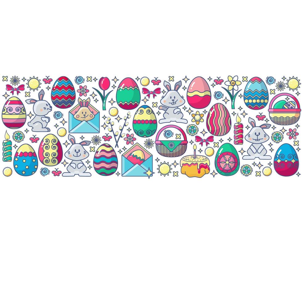 Easter Elements Arranged in Circle. Bunny, Gift, Egg, Candle, Flower. vector
