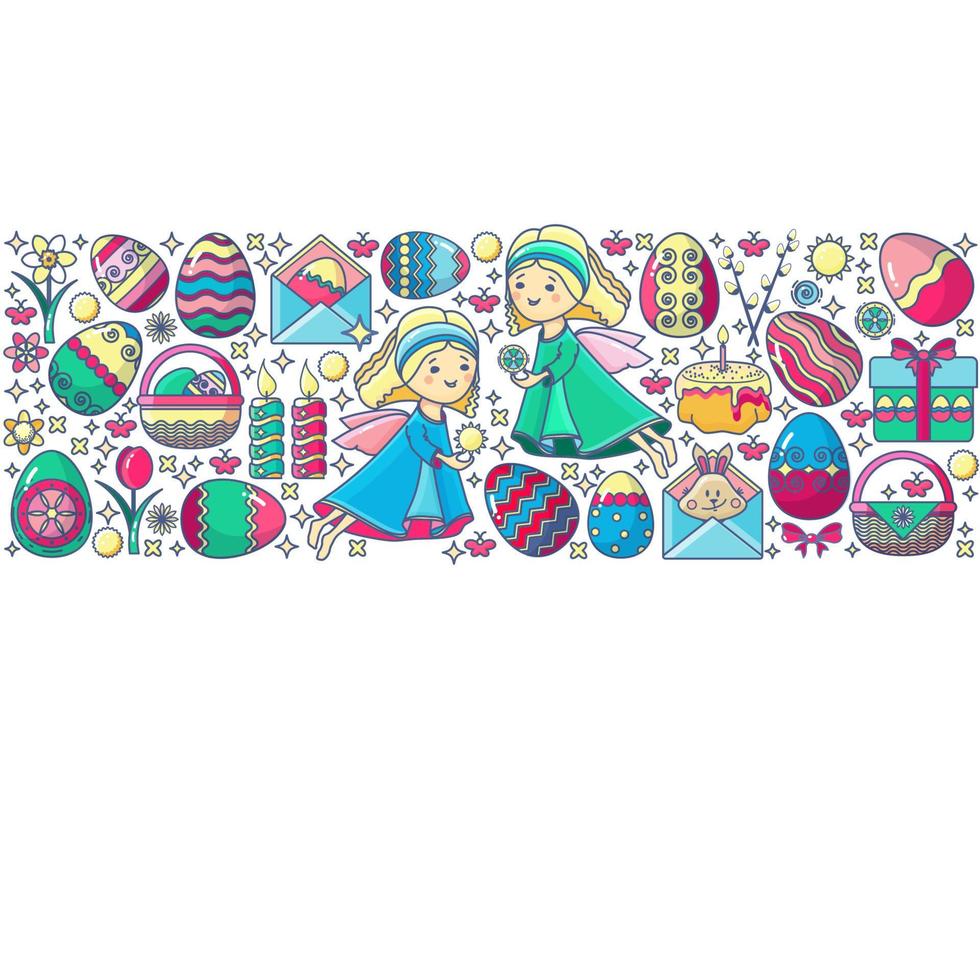 Easter Elements Arranged in Strip. Vector Angel, Gift, Egg, Flower.