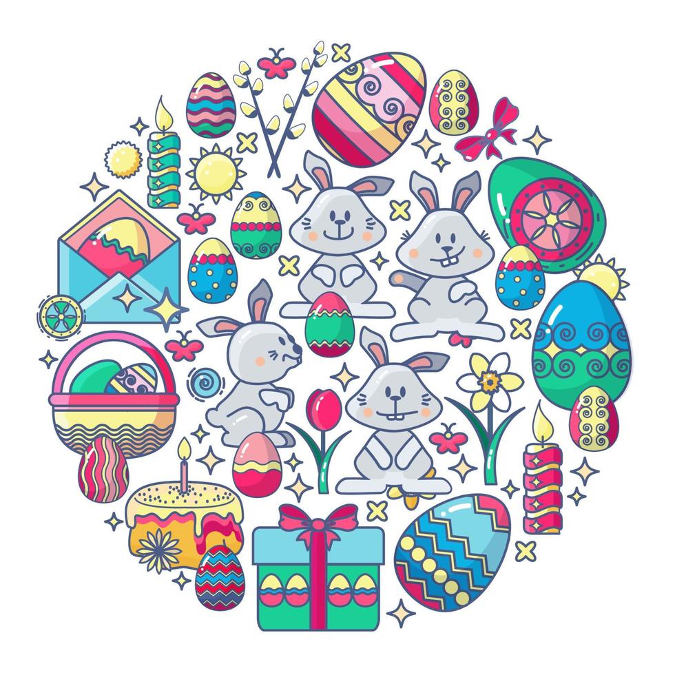 Easter Elements Arranged in Circle. Bunny, Gift, Egg, Candle, Flower. vector