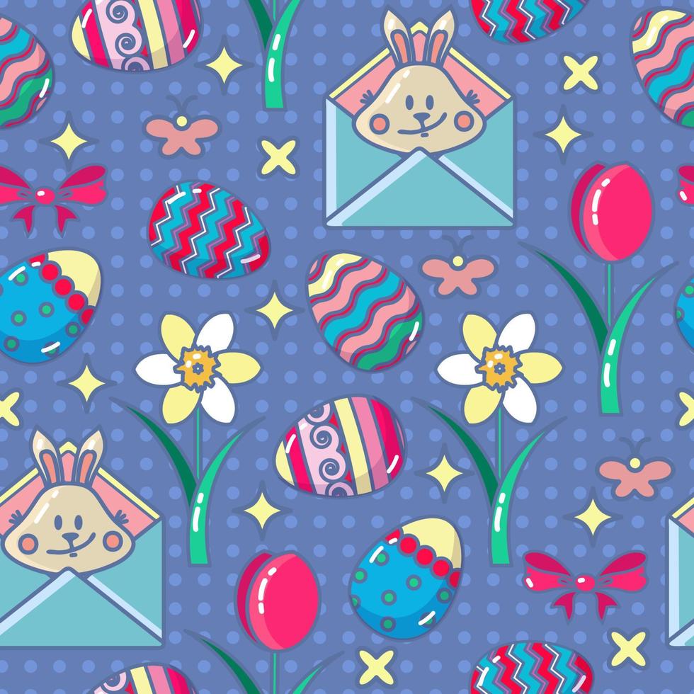 Easter Seamless Pattern. Egg, Bunny in Envelope, Flower. Holiday Vector Background.