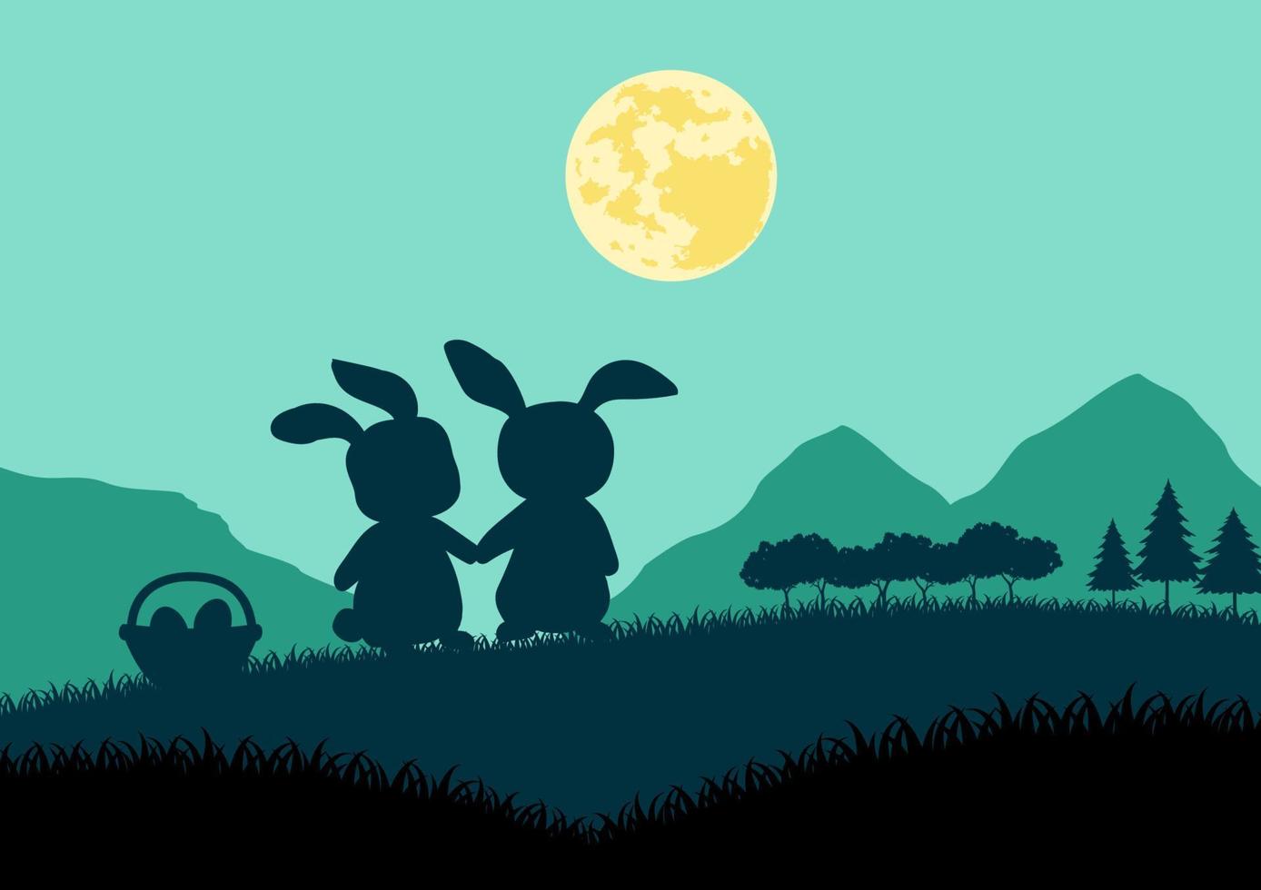 Happy Easter greeting card with rabbits and easter eggs on silhouette background vector