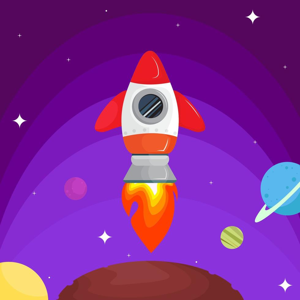 Rocket in space with purple background vector