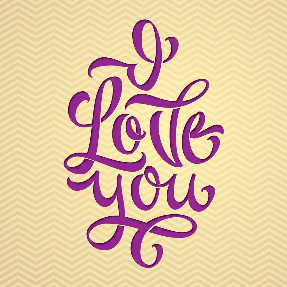 I Love You typography. Vector illustration for greeting cards, congratulations and confessions of love. Purple letters on light beige background. Congratulations on Valentine's Day. EPS10.