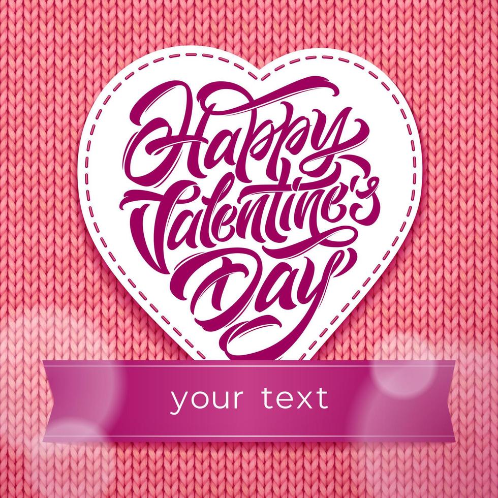 Happy Valentine's Day typography in the shape of heart on pink knitted background. Vector illustration for greeting cards, valentines, confessions of love. Modern brush calligraphy. Add your text.