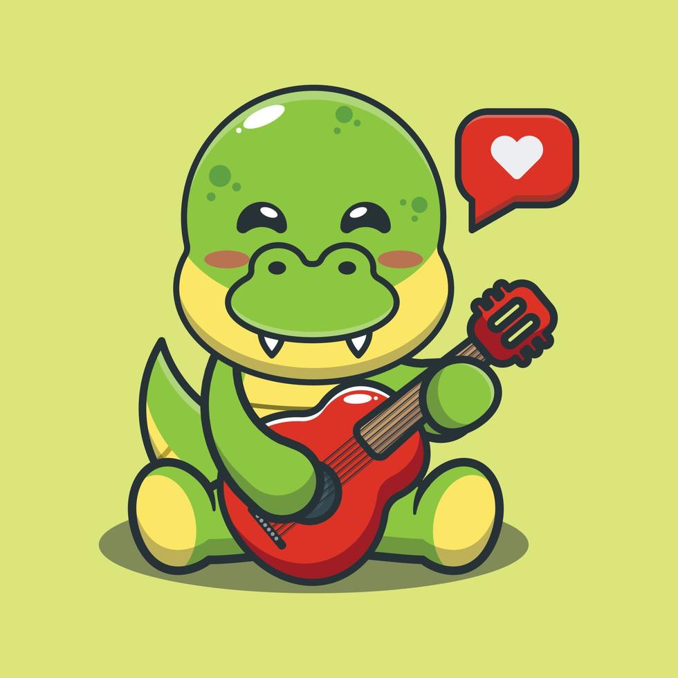 Cute dino playing guitar cartoon vector illustration.