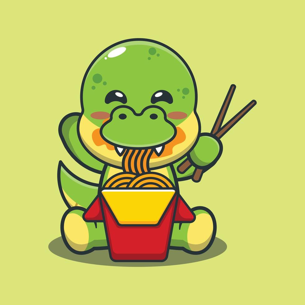 lindo dino comiendo fideos ilustración vectorial de dibujos animados. vector