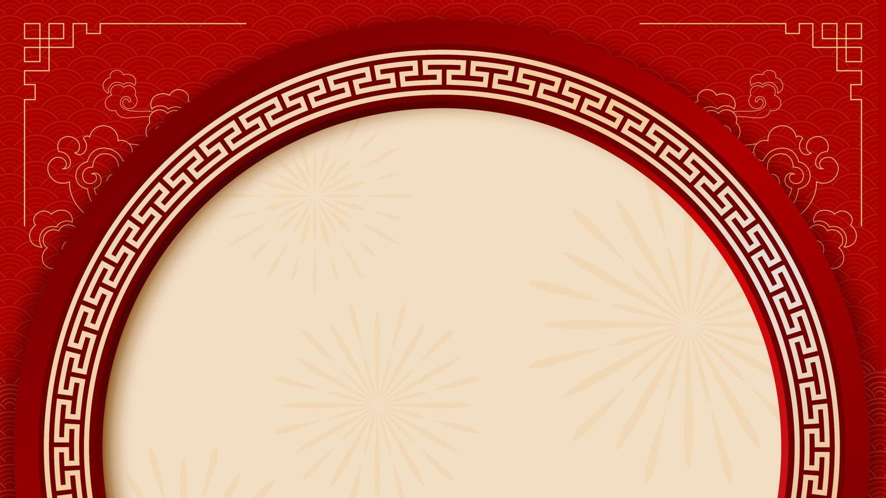 Chinese new year background with half circle copy space in the middle, decorated with traditional line art and patterns vector