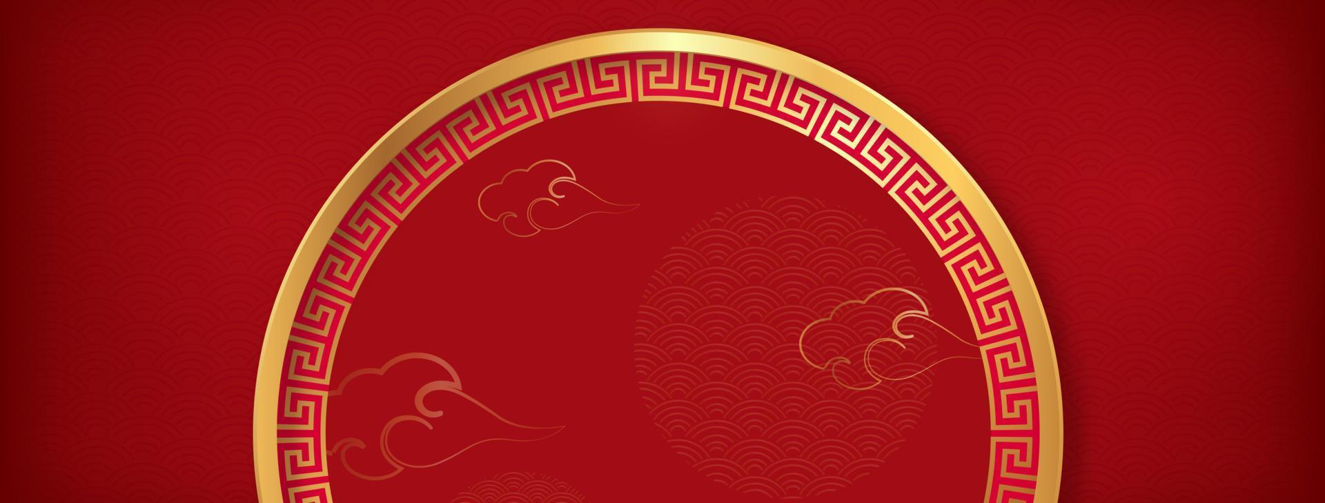 Red Chinese new year banner background with traditional line art and pattern decoration vector