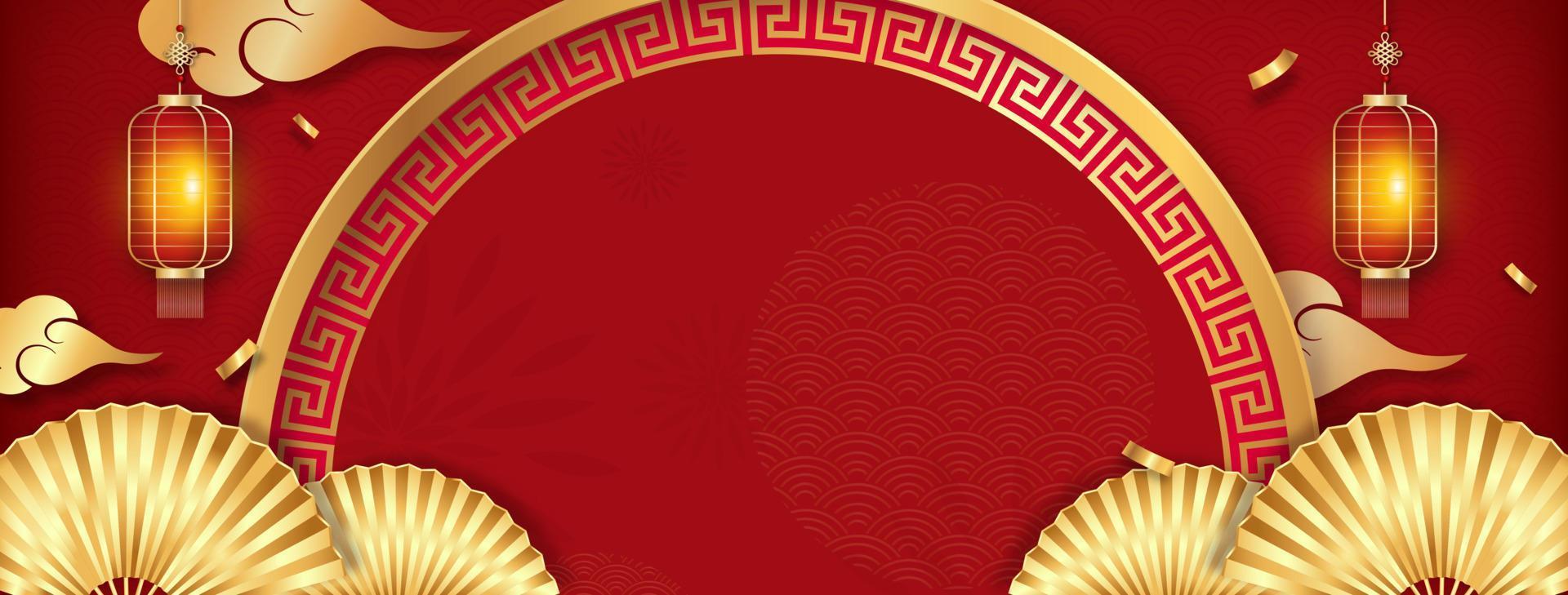 Chinese new year decoration on red banner background with copy space vector