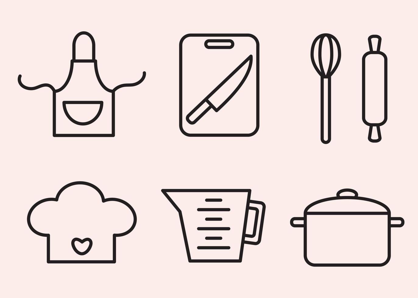 Cooking outline icons. Kitchen apron, cutting board with knife, whisk and rolling pin for dough. Chiefs hat, beaker and cooking pan. Food prepare and restaurant concept. Line set vector