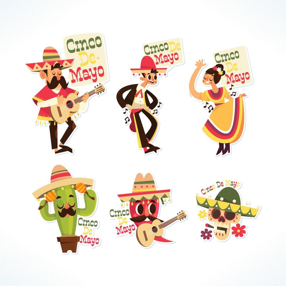 Cinco De Mayo Cute Characters Stickers Set vector