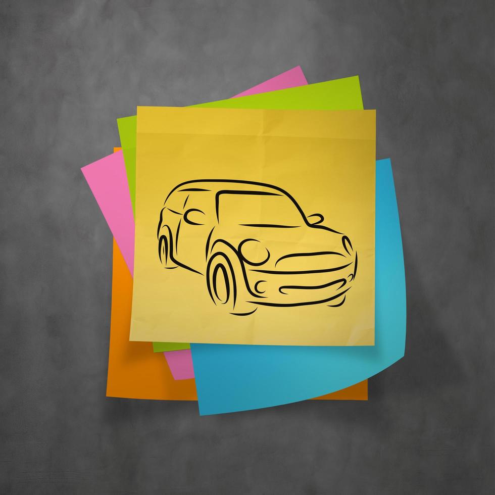 hand drawn of silhouette of car on crumpled paper with sticky note background photo