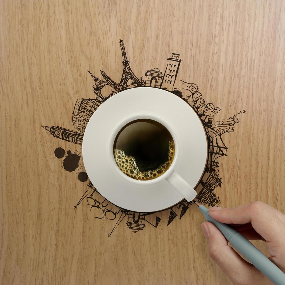 3d cup of coffee traveling around the world as concept photo