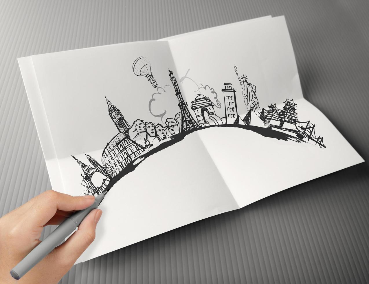 hand drawn traveling around the world on paper background as vintage concept photo