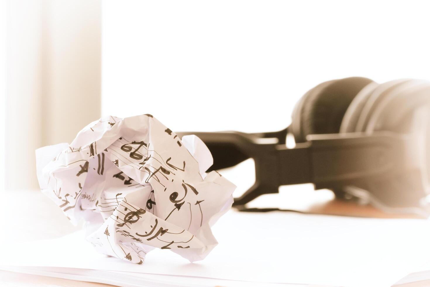 composing music concept with shallow DOF evenly matched jack of headphone and copy space photo