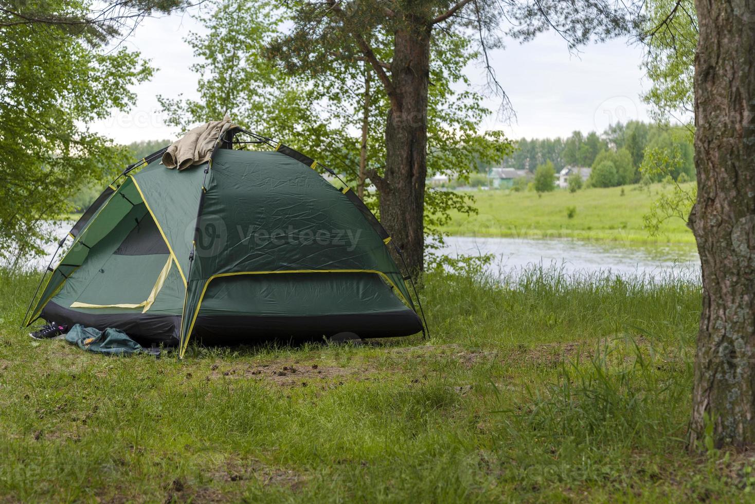 carpa verde en la orilla del río en verano. foto