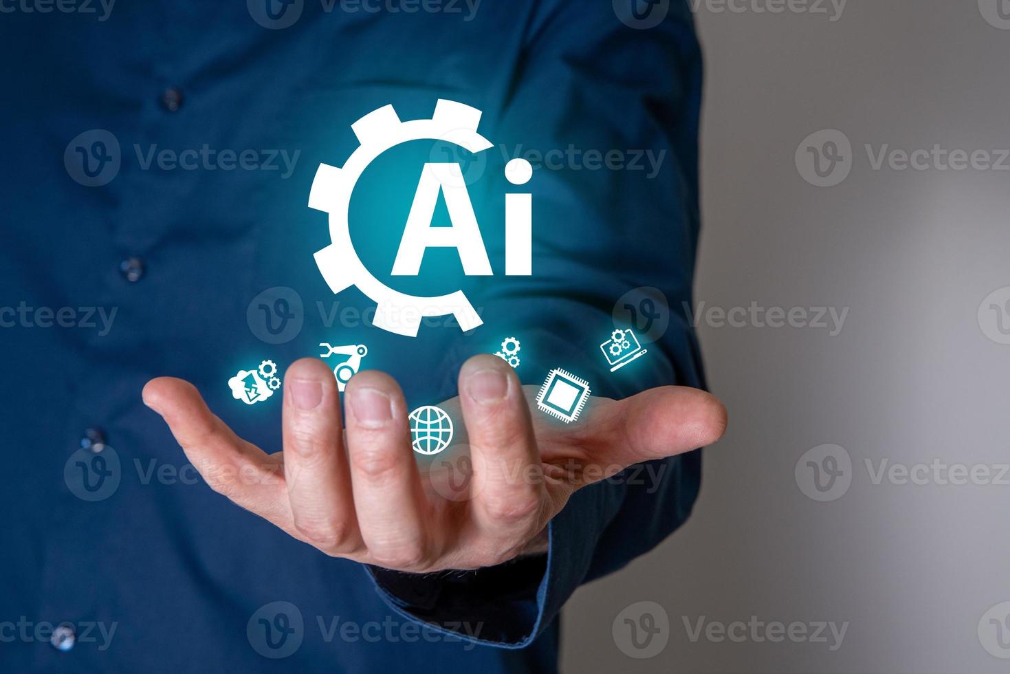 A businessman on a blurry background using a digital artificial intelligence icon. photo