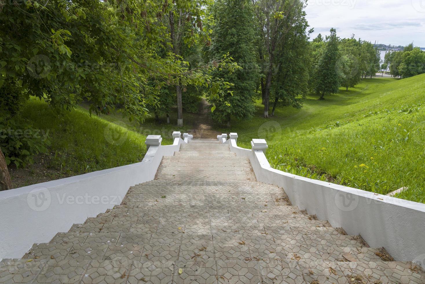 escaleras que conducen a los árboles en el verano. foto