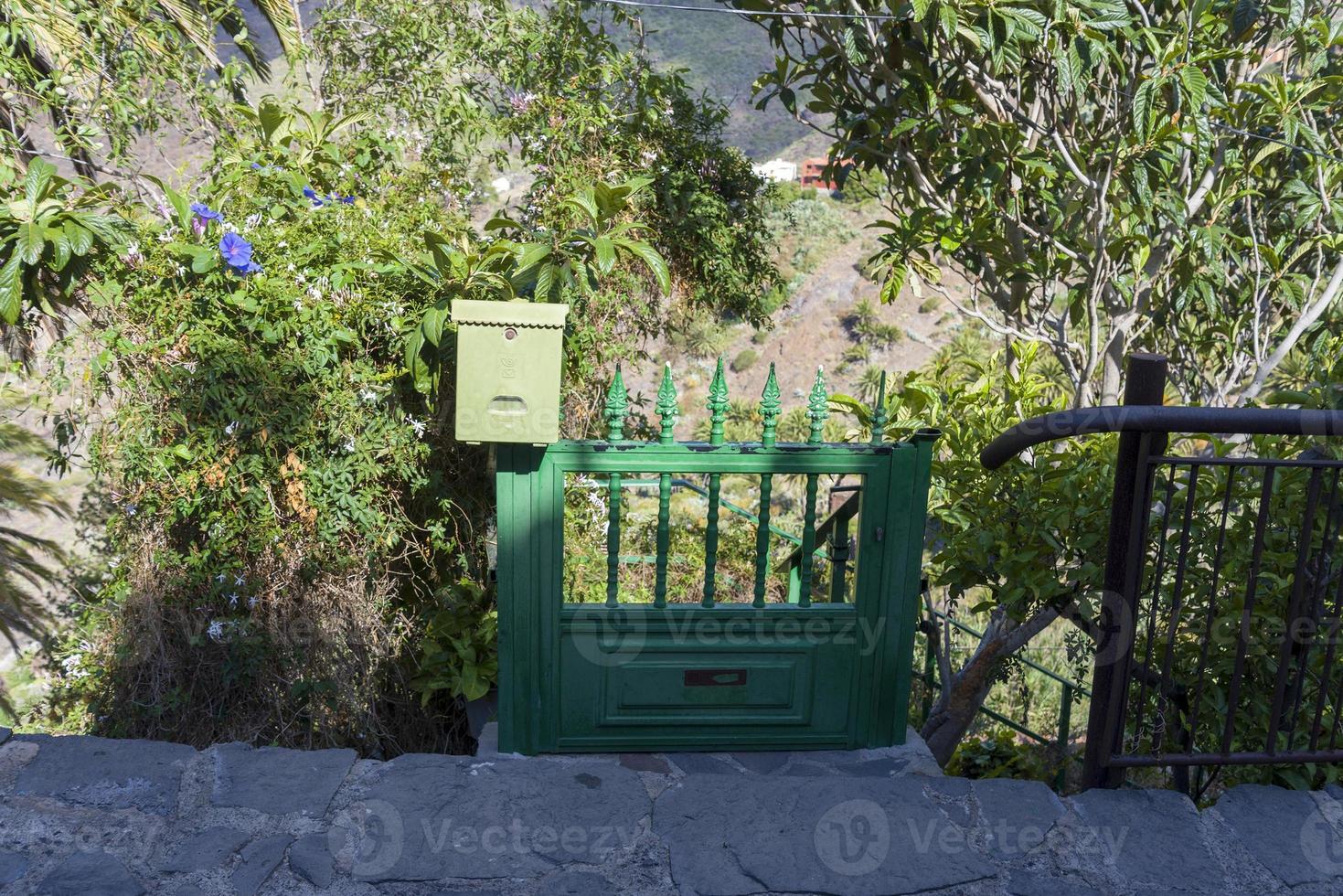 A small gate painted green with a mailbox. photo