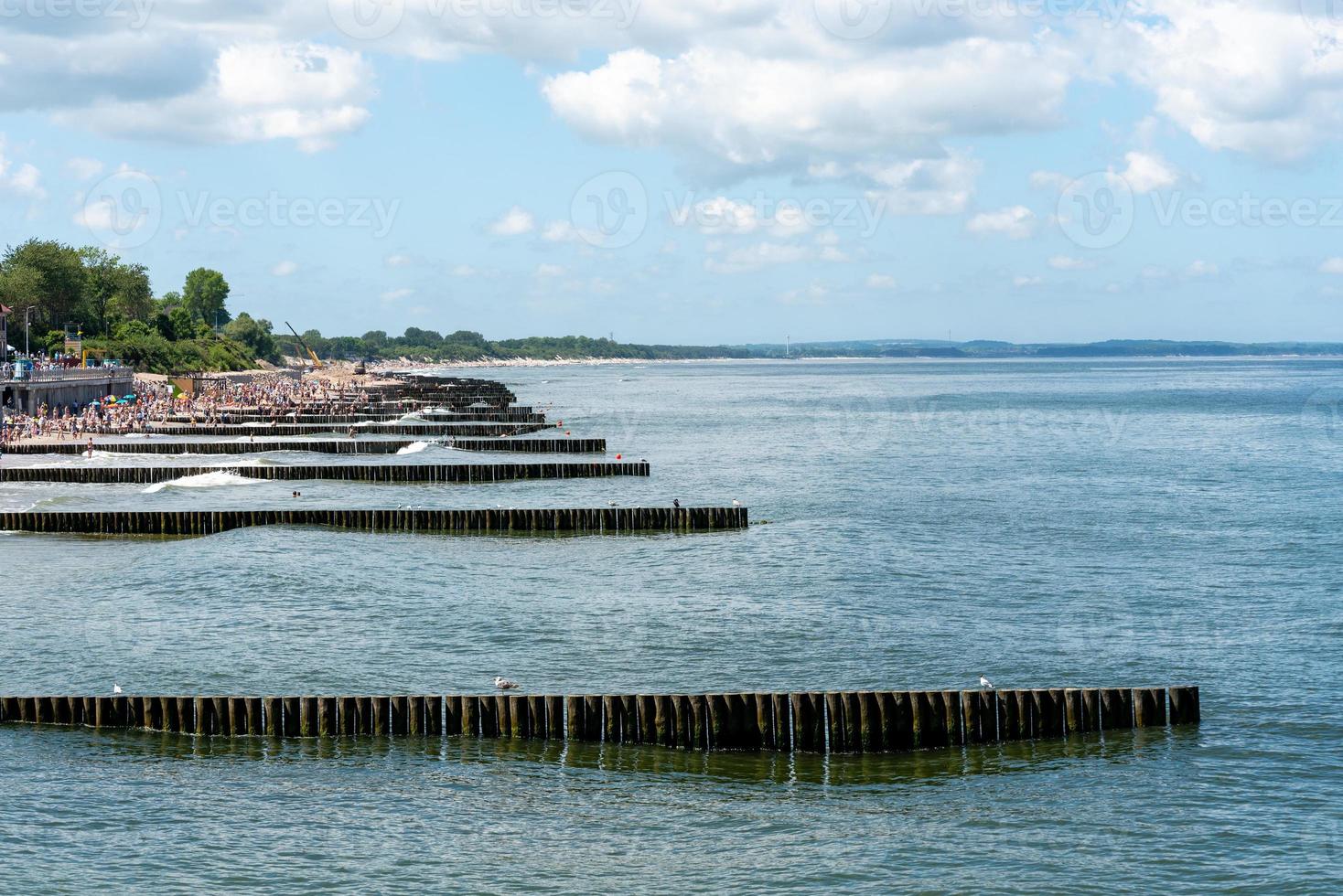 A breakwater made of logs cuts through the sea wave photo