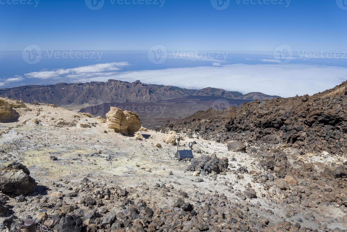 View from Teide Las Canadas Caldera volcano with solidified lava. Teide national Park mountain landscape above the clouds. Tenerife, Canary Islands, Spain. photo