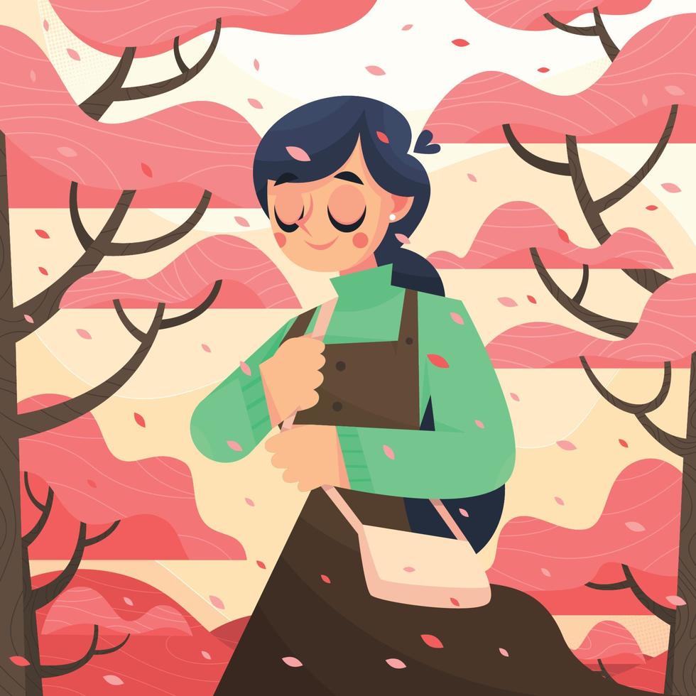 Girl Walking under the Blooming Cherry Trees vector