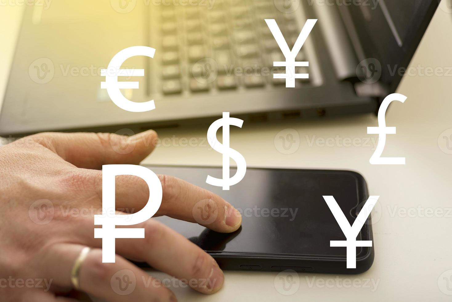 Foreign currency exchange concept, forex trading. Dollar, euro, pound and yen. photo