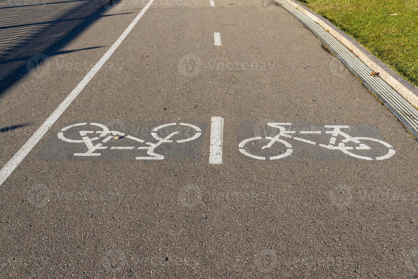 carril bici, camino para bicicletas a pie de carril bici en verano, parque de la ciudad. foto