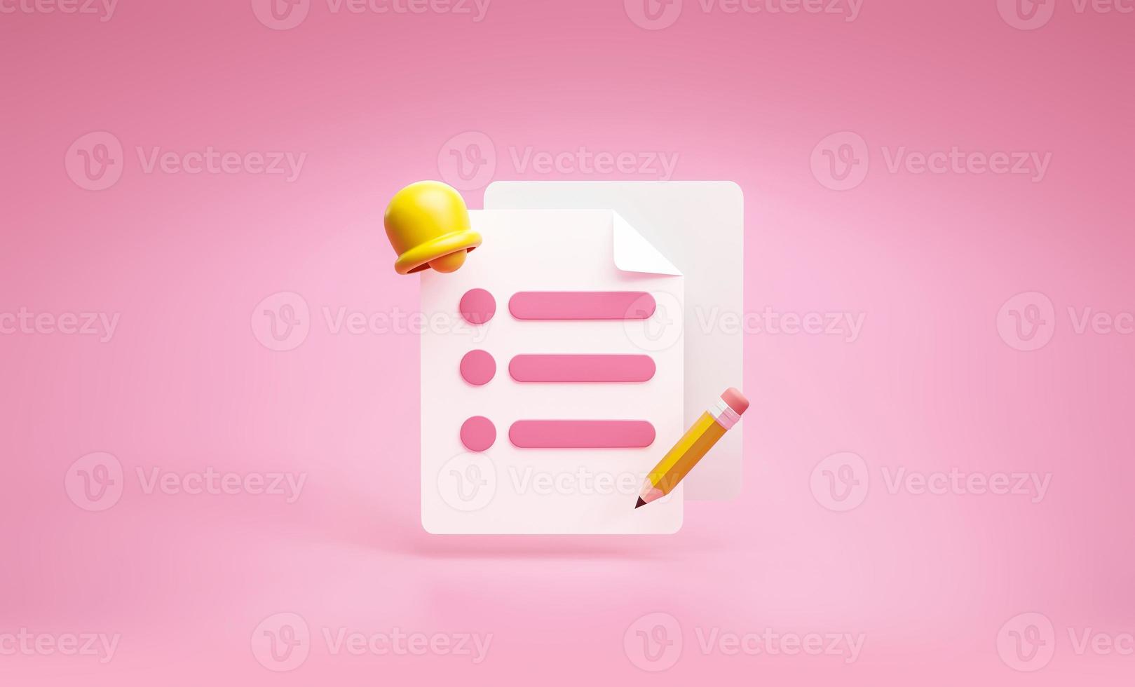 recordatorio horario lista de verificación fecha límite icono y símbolo planificador concepto sobre fondo rosa 3d renderizado foto