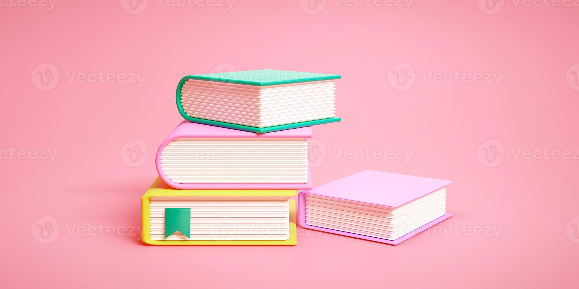 Stack of books colorful book library and education concept on pink background 3D rendering photo