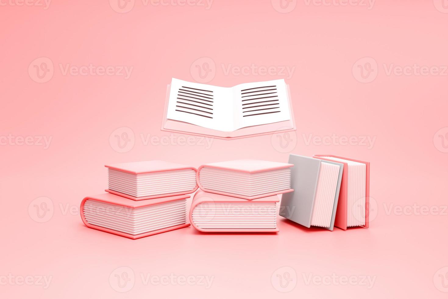 Stack of books pastel book library and education concept on pink background 3D rendering photo