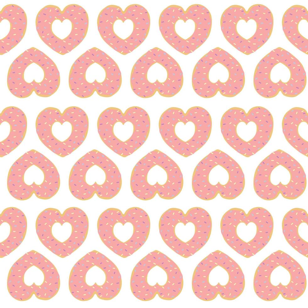 Donut seamless pattern. Cute pink cartoon heart shaped donut. Background for valentine's day greeting cards, party invitations, posters and prints. vector