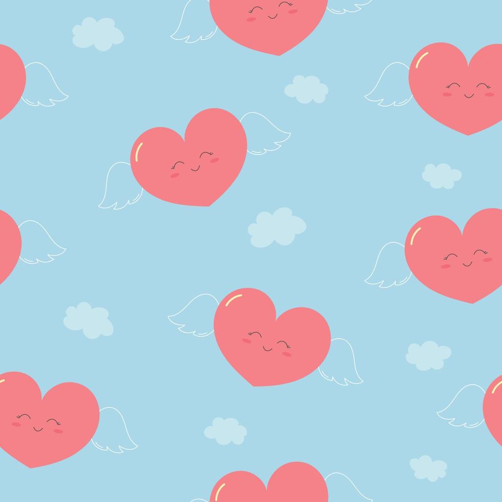 Cute smiling hearts with wings seamless pattern. Pink hearts on blue background. Background for Valentine's Day greetings and card, web, banner, poster, flyer, brochure, print and baby shower vector