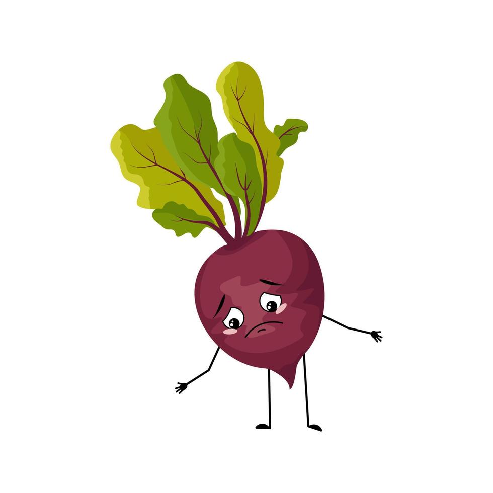 Beet character with sad emotions, depressed face, down eyes, arms and legs. Person with melancholy expression, vegetable emoticon. Vector flat illustration