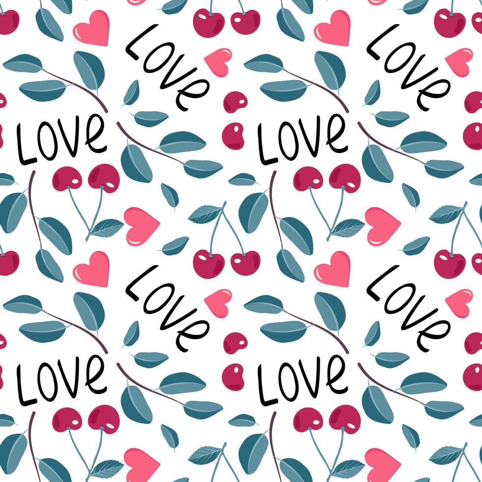 Cute seamless pattern with cherries, hearts, word love and leaves. Festive print, valentine day decoration for wrapping paper, textile and design. Vector flat illustration