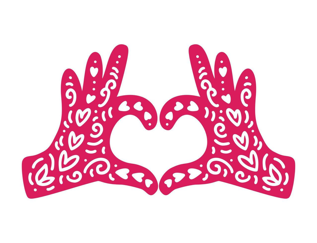 Hands in the form of heart and flourish elements. Symbol showing of feelings to other person. Declaration of love on Valentine Day. Vector flat icon illustration isolated