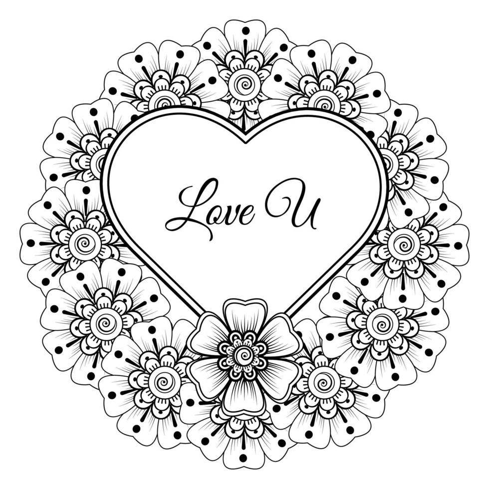 Mehndi flower with frame in shape of heart. decoration in ethnic oriental, doodle ornament. vector