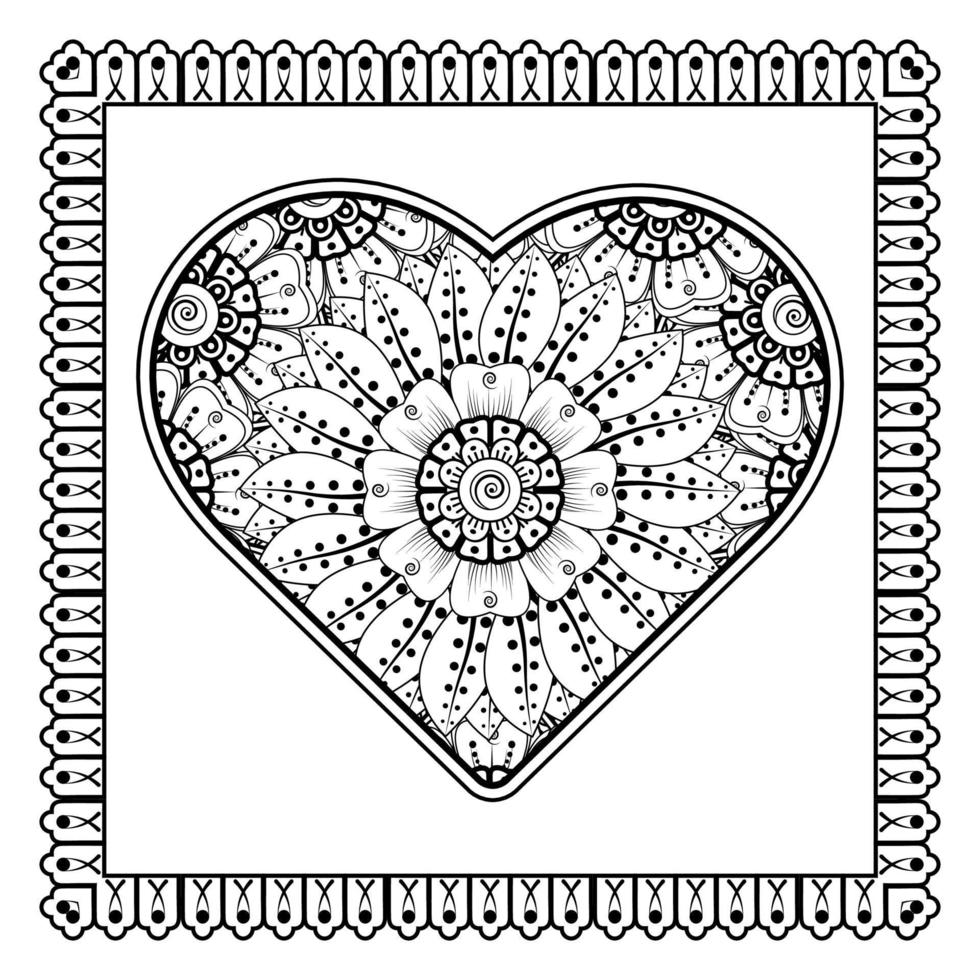 Mehndi flower with frame in shape of heart. decoration in ethnic oriental, doodle ornament. vector