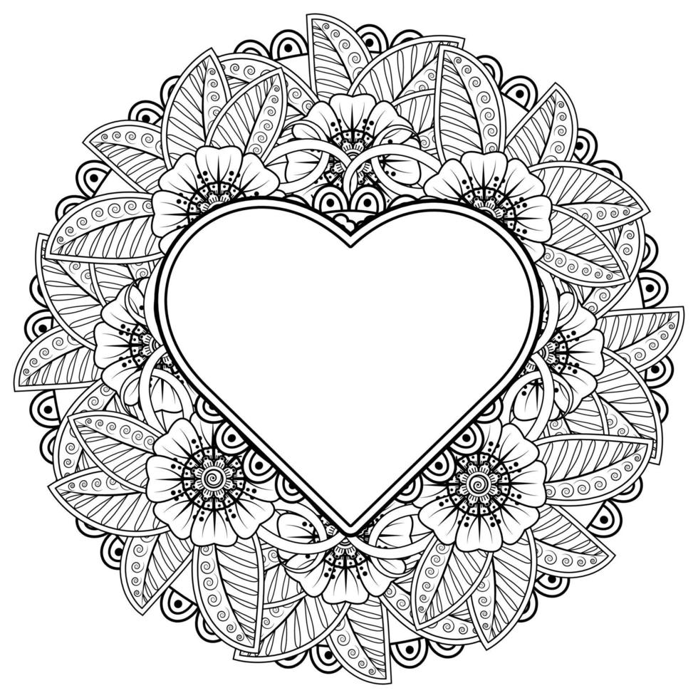 Mehndi flower with frame in shape of heart. decoration in ethnic oriental, doodle ornament. vector