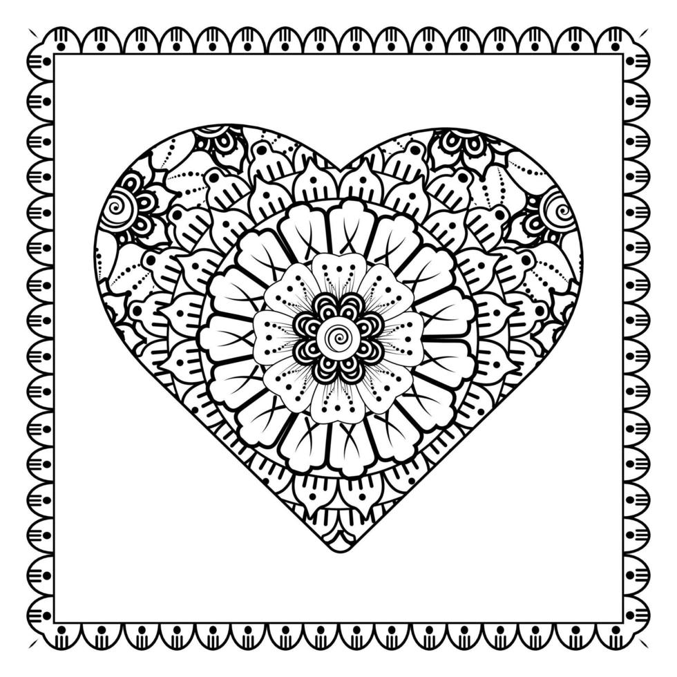 Mehndi flower with frame in shape of heart. decoration in ethnic oriental, doodle ornament. vector