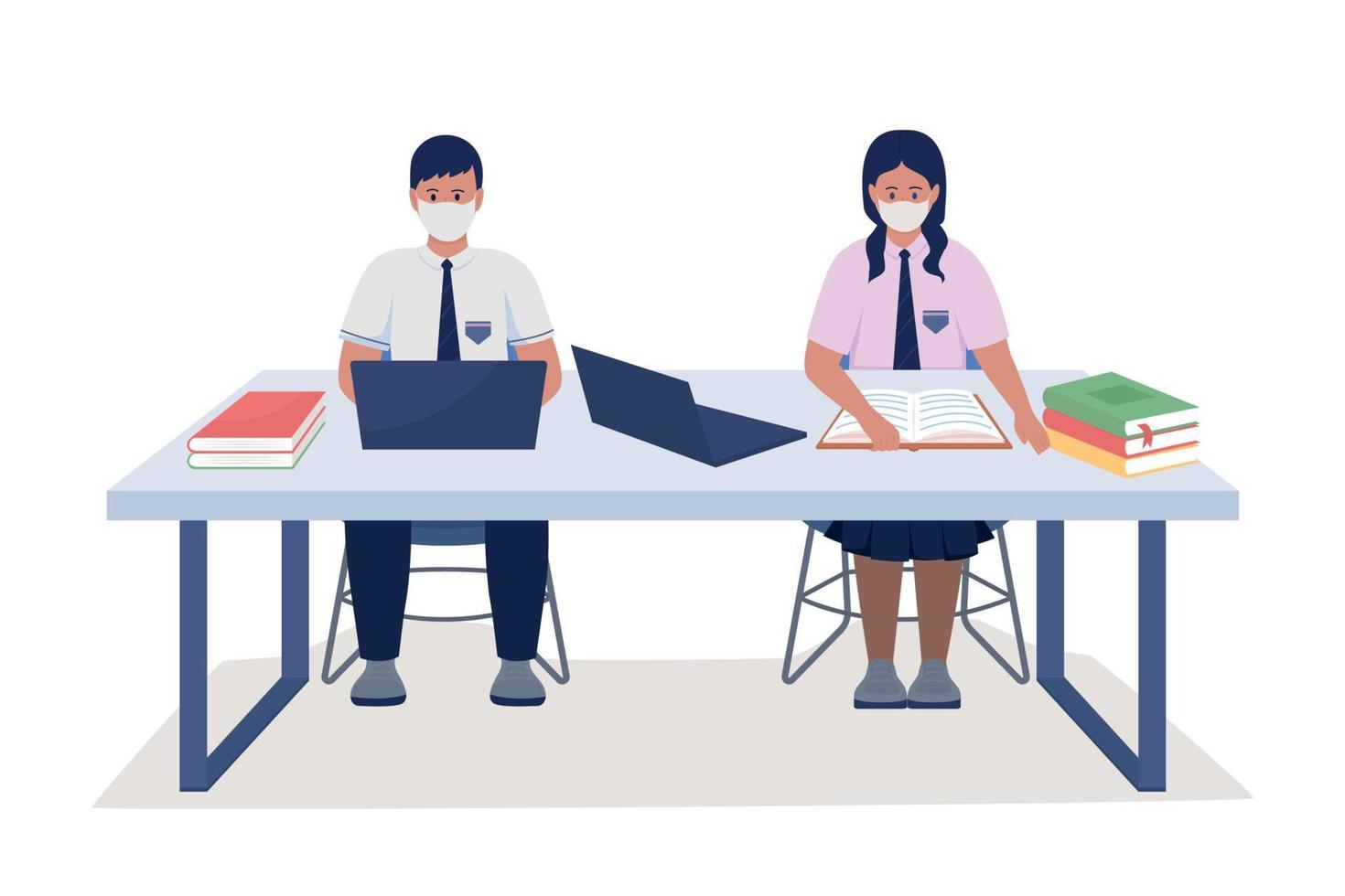 Students in uniform studying semi flat color vector characters